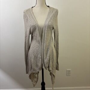 Y2K Sweater Long Line Open Front Lace Hem Confess Brand Tan 100% Cotton Cottage